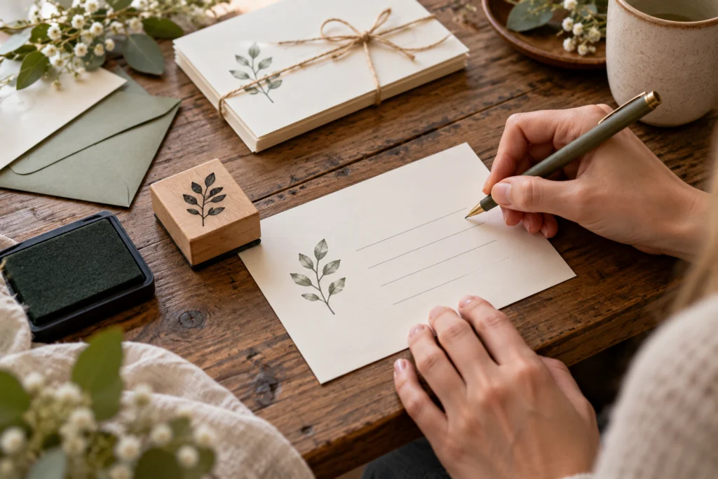 Handgemachte Einladung mit kleinem Blattstempel und handschriftlich angeordneten neutralen Textfeldern.
