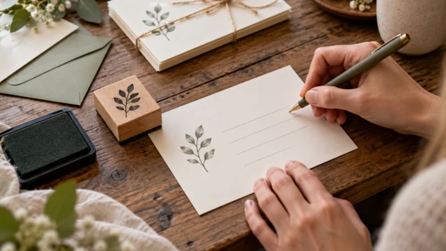 Handgemachte Einladung mit kleinem Blattstempel und handschriftlich angeordneten neutralen Textfeldern.