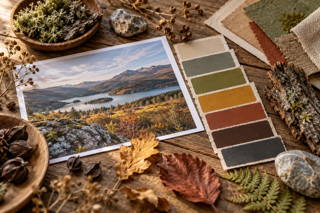Papierfarbmuster liegen neben einem fotografierten Landschaftsausschnitt und einzelnen trockenen Blättern.