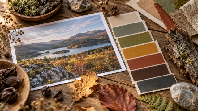 Papierfarbmuster liegen neben einem fotografierten Landschaftsausschnitt und einzelnen trockenen Blättern.