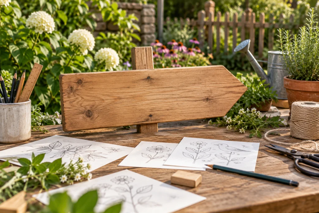 Schlichtes unbeschriftetes Holzschild mit danebenliegenden Lettering-Papierproben an einem Gartentisch.