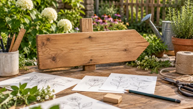 Schlichtes unbeschriftetes Holzschild mit danebenliegenden Lettering-Papierproben an einem Gartentisch.