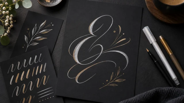 Dunkle Papierkarten mit hellen Lettering-Proben und großzügigen freien Flächen auf einem Basteltisch.