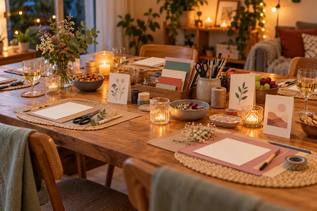 Vorbereiteter Basteltisch für eine kleine Freundesrunde mit Papiermustern und freien Arbeitsplätzen.