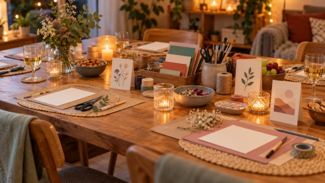 Vorbereiteter Basteltisch für eine kleine Freundesrunde mit Papiermustern und freien Arbeitsplätzen.