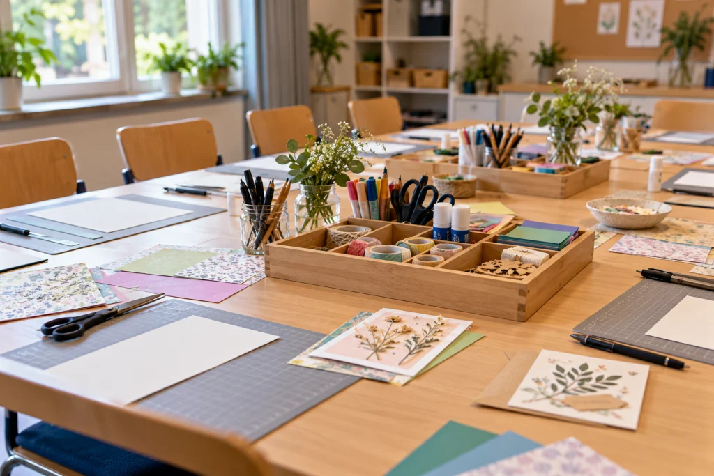 Vorbereitete Kreativarbeitsplätze mit Papiermustern, neutralen Stiften und gemeinsamen Werkzeugschalen.