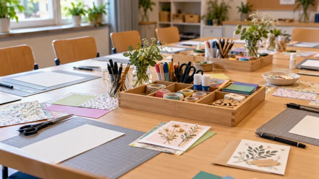 Vorbereitete Kreativarbeitsplätze mit Papiermustern, neutralen Stiften und gemeinsamen Werkzeugschalen.
