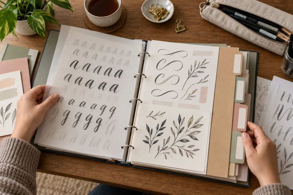 Offene Mustermappe mit geordneten Schriftproben, Papierregistern und kleinen neutralen Materialnotizen.