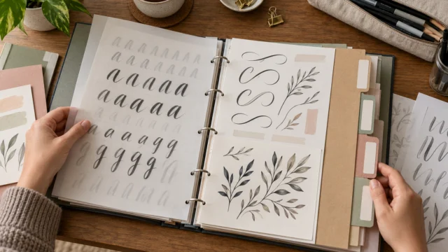 Offene Mustermappe mit geordneten Schriftproben, Papierregistern und kleinen neutralen Materialnotizen.