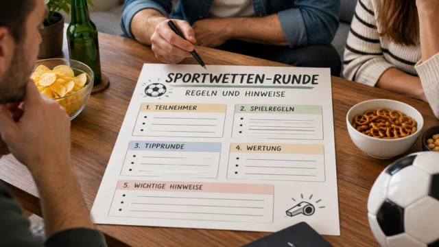 Handbeschriftete Regelkarte für eine Sport-Tipprunde unter Erwachsenen mit klar gegliederten leeren Feldern.