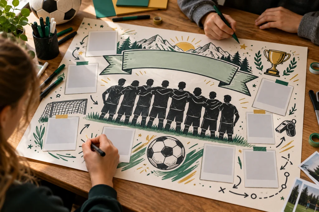 Handbeschriftetes Saisonposter mit neutraler Überschrift, kleinen Bildplätzen und klarer Gliederung auf einem Arbeitstisch.