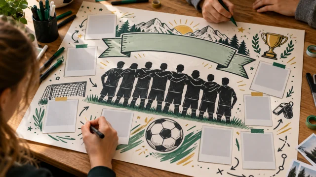 Handbeschriftetes Saisonposter mit neutraler Überschrift, kleinen Bildplätzen und klarer Gliederung auf einem Arbeitstisch.