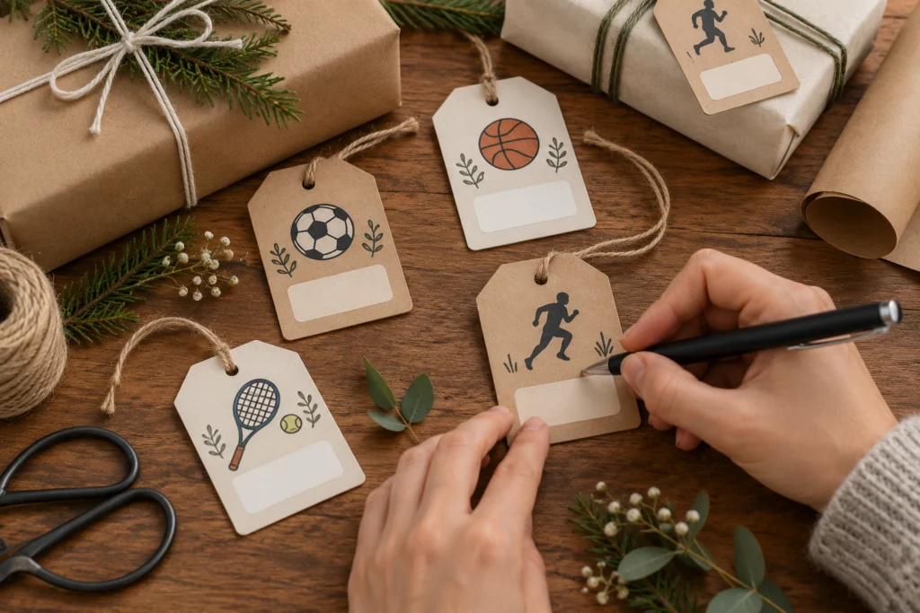 Kleine handbeschriftbare Papieranhänger mit neutralen Ball- und Laufmotiven neben Geschenkpapier.