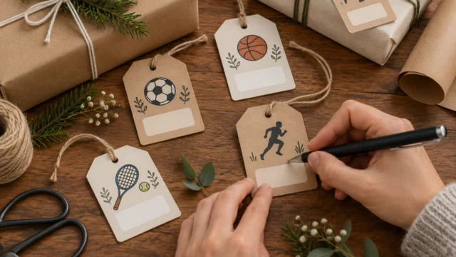 Kleine handbeschriftbare Papieranhänger mit neutralen Ball- und Laufmotiven neben Geschenkpapier.
