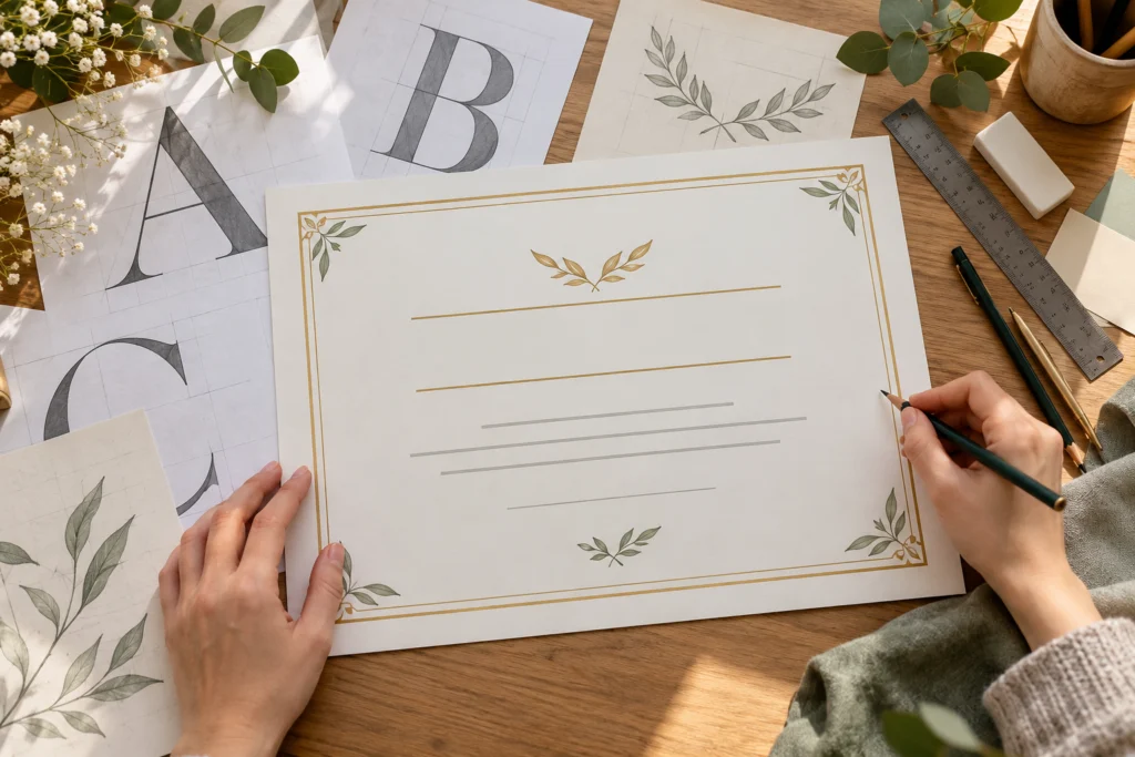 Schlichte persönliche Urkunde mit großen Papier-Schriftproben und klaren Abständen auf einem Tisch.