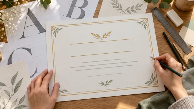 Schlichte persönliche Urkunde mit großen Papier-Schriftproben und klaren Abständen auf einem Tisch.