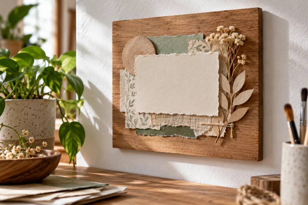 Kleines schlichtes Wandbild aus Holzgrundfläche und austauschbarer Papiergestaltung mit neutralem Schriftfeld.