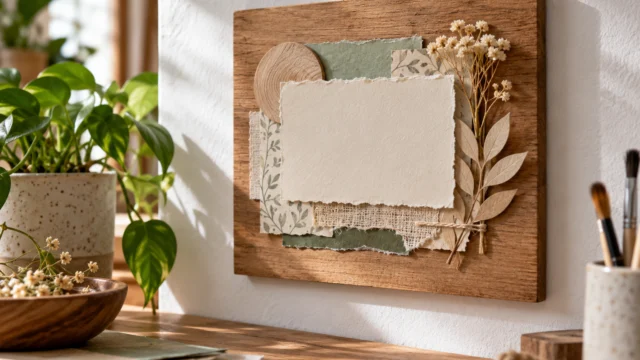 Kleines schlichtes Wandbild aus Holzgrundfläche und austauschbarer Papiergestaltung mit neutralem Schriftfeld.