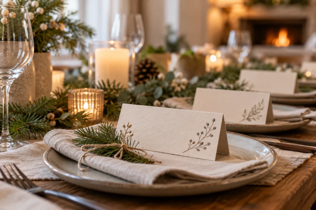 Schlichte winterliche Tischschilder in Naturfarben mit kleinen Zweigmotiven an einem gedeckten Tisch.