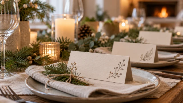 Schlichte winterliche Tischschilder in Naturfarben mit kleinen Zweigmotiven an einem gedeckten Tisch.