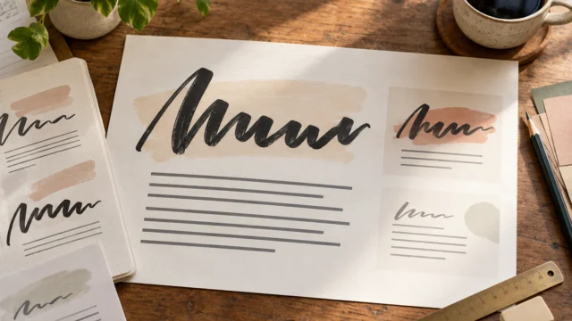 Papierstreifen mit einer ausdrucksstarken Überschrift und einer ruhigen Grundschrift liegen als Layoutprobe aus.